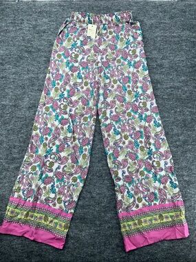 Fattore C Paisley Print Wide Leg Palazzo Pants Pink Boho Elastic Waist Size S